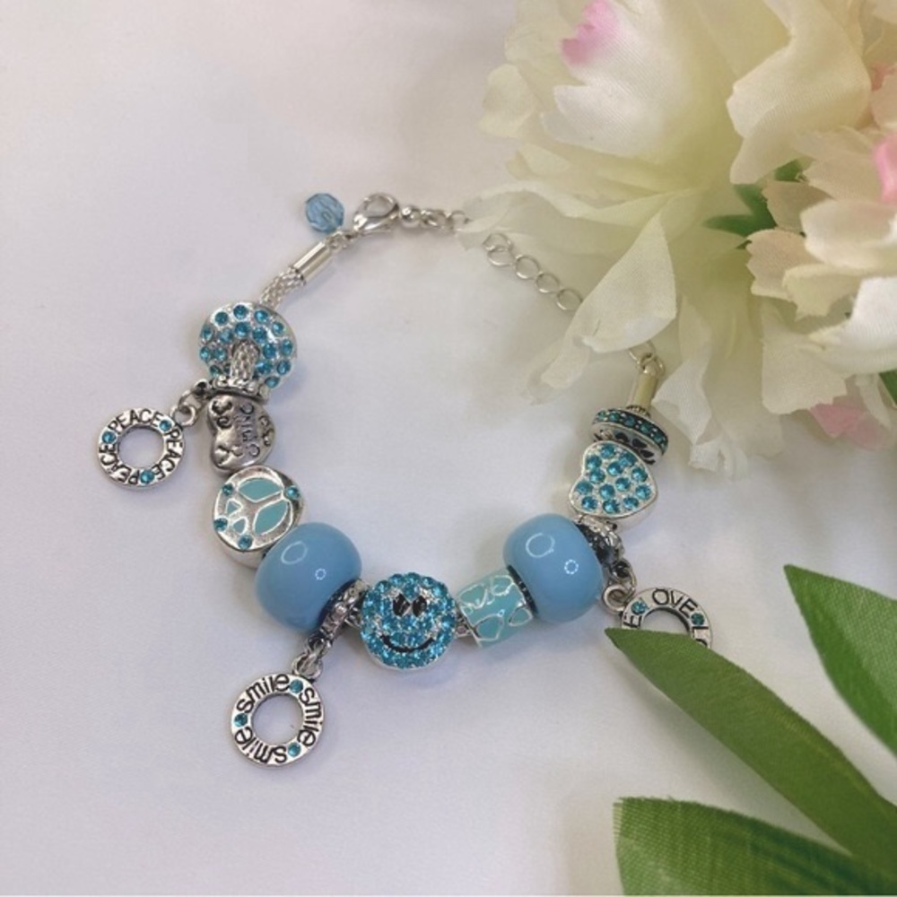 🦋Turquoise Ocean Blue Charm Bracelet Smile Charms & Positive Vibe Charms🦋